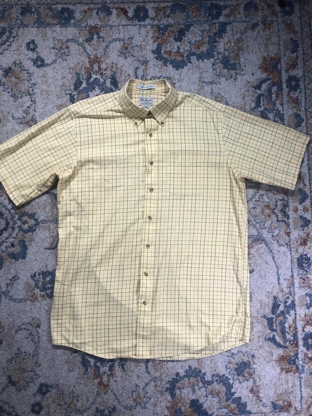L.L. Bean Shirt Mens LT Yellow Check Short Sleeve Button Front Wrinkle Resistant